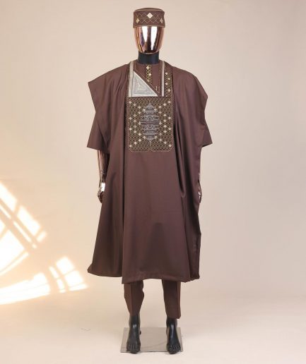 A Caramel Brown, chinoiserie chic pagoda with layers metallic wire embroidery details agbada