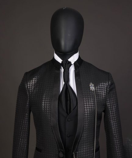 A Reloaded “Pope” monochrome black inverted square patterned metallic jacquard tuxedo suit