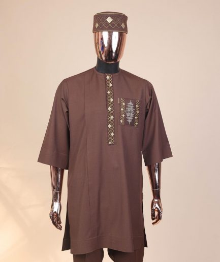 A caramel Brown, chinoiserie chic pagoda with layers metallic wire embroidery details, African kaftan native.