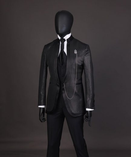 A Reloaded “Pope” monochrome black inverted square patterned metallic jacquard tuxedo suit