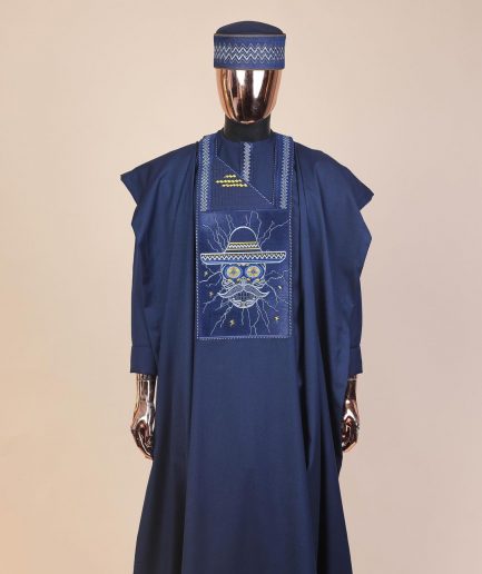A Navy Blue, vexing demagogue metallic wire embroidery details agbada
