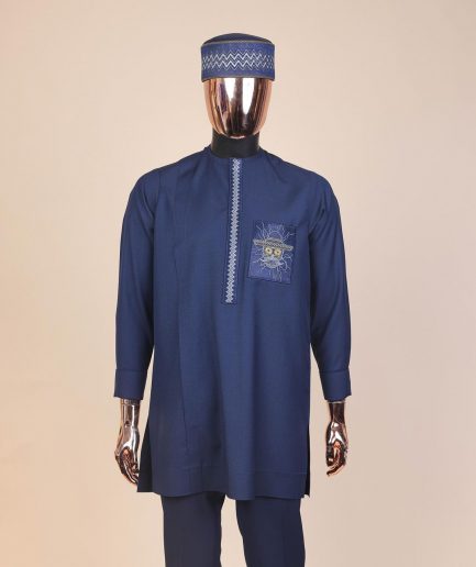 A Navy blue, vexing demagogue pocket and flap embrodery, long sleeve African senator kaftan native.