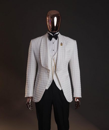 An Ivory white, swollen floral jacquard shawl lapel tuxedo suit