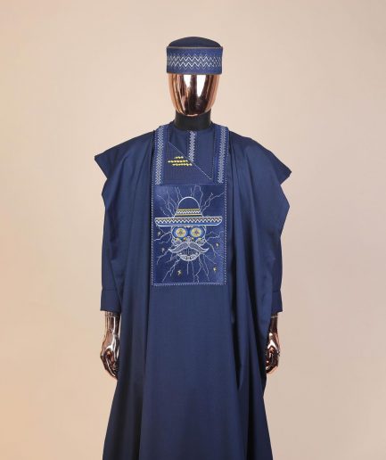 A Navy Blue, vexing demagogue metallic wire embroidery details agbada