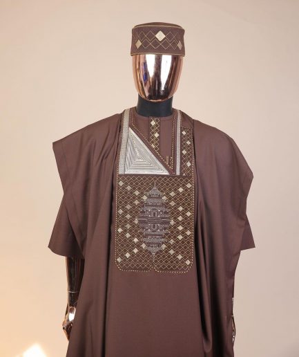 A Caramel Brown, chinoiserie chic pagoda with layers metallic wire embroidery details agbada
