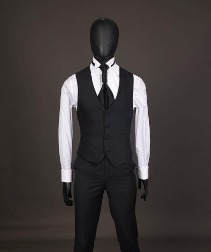 A Reloaded “Pope” monochrome black inverted square patterned metallic jacquard tuxedo suit