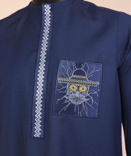 A Navy blue, vexing demagogue pocket and flap embrodery, long sleeve African senator kaftan native.