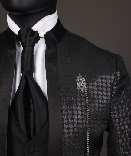 A Reloaded “Pope” monochrome black inverted square patterned metallic jacquard tuxedo suit