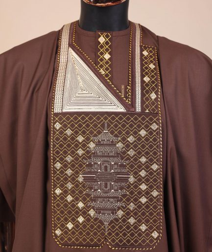 A Caramel Brown, chinoiserie chic pagoda with layers metallic wire embroidery details agbada