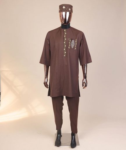 A caramel Brown, chinoiserie chic pagoda with layers metallic wire embroidery details, African kaftan native.