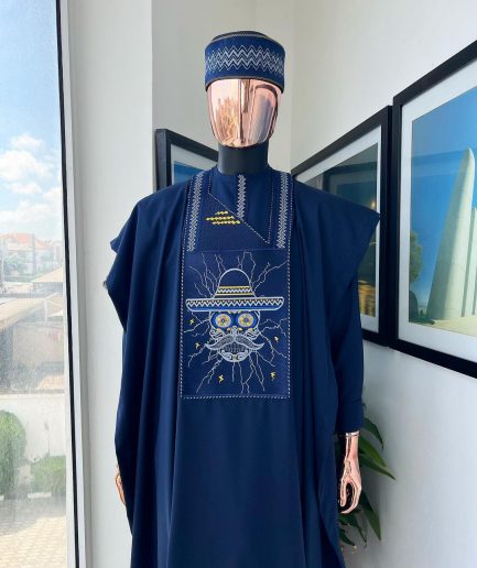A Navy Blue, vexing demagogue metallic wire embroidery details agbada