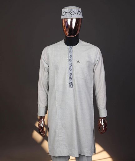 A Pearl river grey house of dragon embroidery details, long-sleeve kaftan, hat and Sokoto