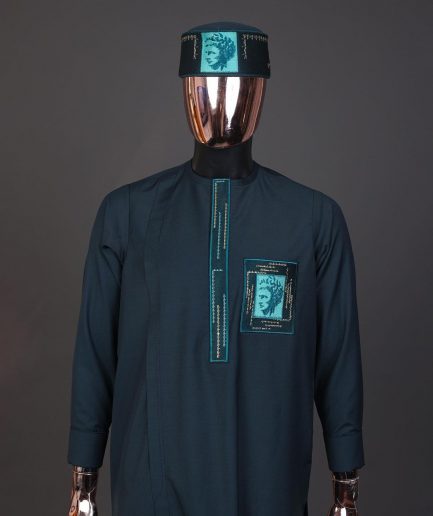 A Sacramento green, mama Charlie on gold embroidery details, long-sleeve Kaftan, hat and Sokoto