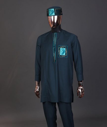 A Sacramento green, mama Charlie on gold embroidery details, long-sleeve Kaftan, hat and Sokoto