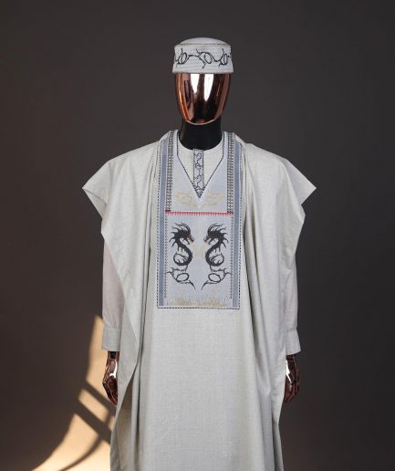 A Pearl River Grey, House Of Dragon Embroidery Details Agbada