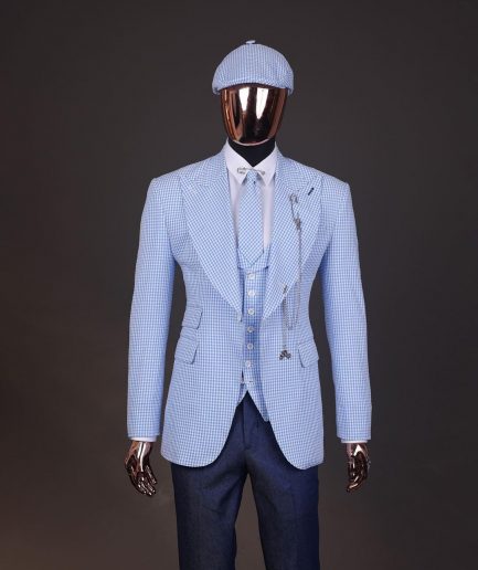 A “peaky blinders” skye blue and white check, seer sucker fabric, knitted, peak lapel suit
