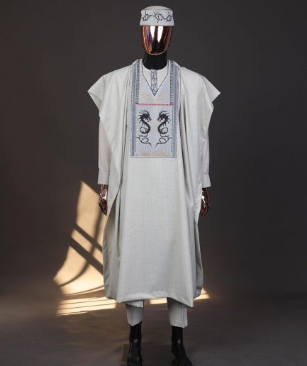 A Pearl River Grey, House Of Dragon Embroidery Details Agbada