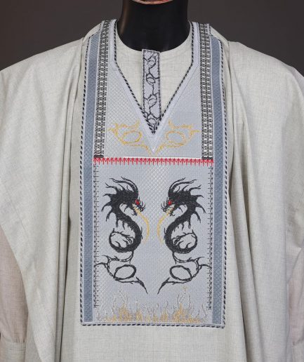 A Pearl River Grey, House Of Dragon Embroidery Details Agbada