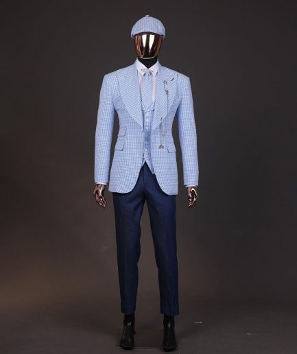 A “peaky blinders” skye blue and white check, seer sucker fabric, knitted, peak lapel suit