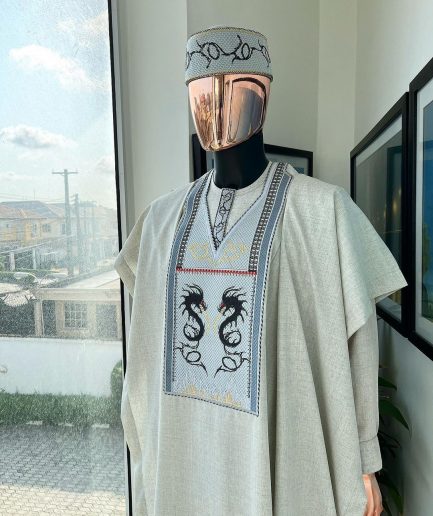A Pearl River Grey, House Of Dragon Embroidery Details Agbada