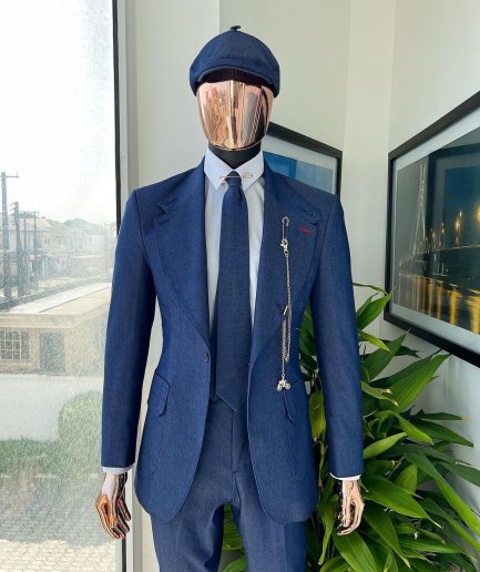 A “peaky blinders” denim knitted notch lapel suit