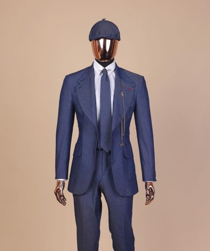 A “peaky blinders” denim knitted notch lapel suit