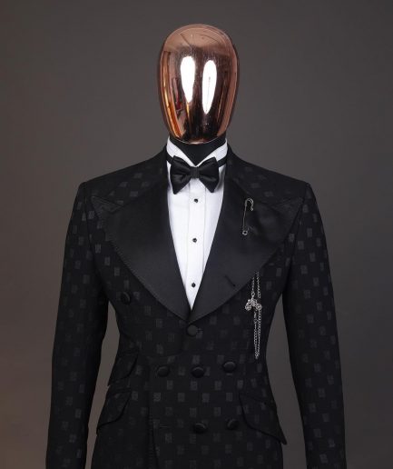 An Inverted “Pirate”, knitted, charcoal black with distributed square pattern jacquard peak lapel, 9 button tuxedo suit.