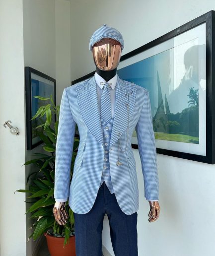 A “peaky blinders” skye blue and white check, seer sucker fabric, knitted, peak lapel suit