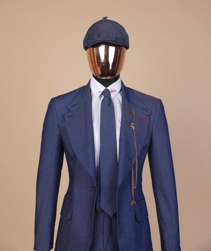 A “peaky blinders” denim knitted notch lapel suit