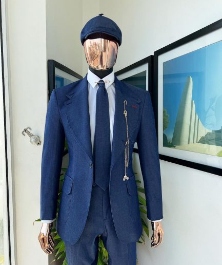 A “peaky blinders” denim knitted notch lapel suit