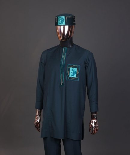 A Sacramento green, mama Charlie on gold embroidery details, long-sleeve Kaftan, hat and Sokoto