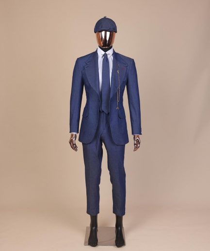 A “peaky blinders” denim knitted notch lapel suit