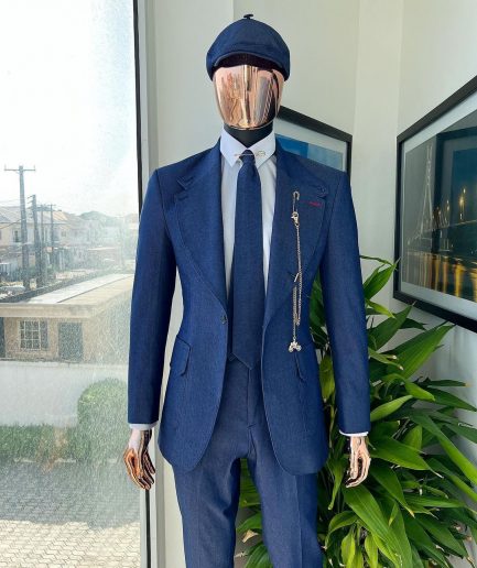 A “peaky blinders” denim knitted notch lapel suit