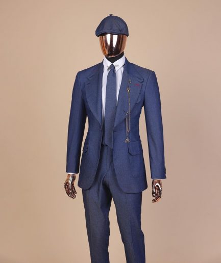 A “peaky blinders” denim knitted notch lapel suit
