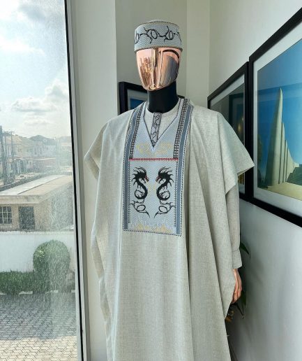 A Pearl River Grey, House Of Dragon Embroidery Details Agbada