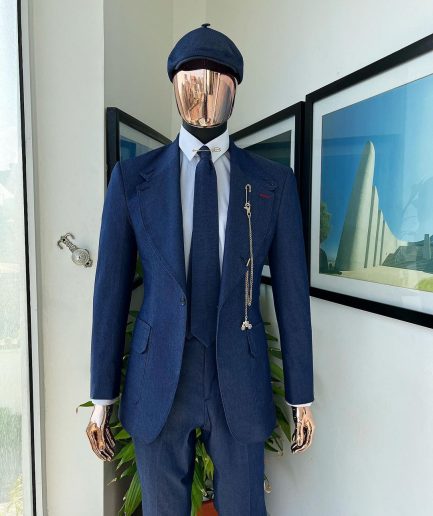 A “peaky blinders” denim knitted notch lapel suit