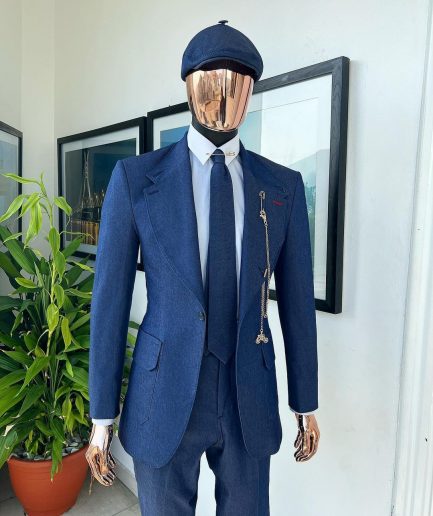 A “peaky blinders” denim knitted notch lapel suit