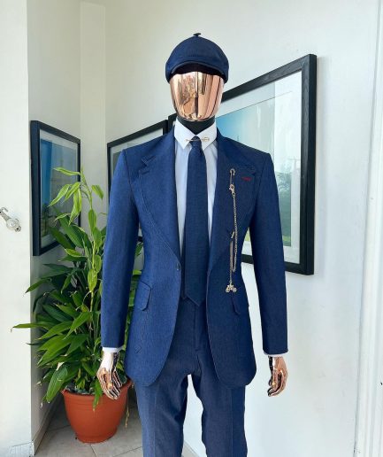 A “peaky blinders” denim knitted notch lapel suit