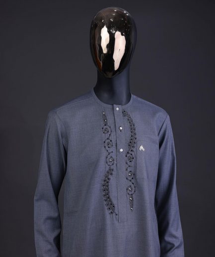 A Light grey, patterned floral embroidery details with black Swarovski stone details, silver button, long sleeve kaftan and Sokoto