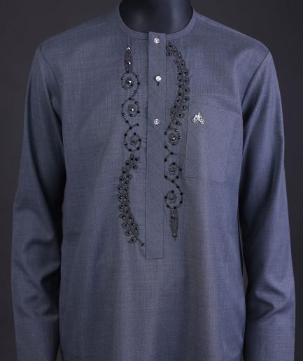 A Light grey, patterned floral embroidery details with black Swarovski stone details, silver button, long sleeve kaftan and Sokoto
