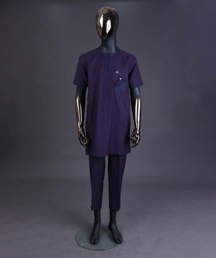 A Check egg pant purple and navy blue mix, with inverted pocket and Swarovski button details kaftan and Sokoto