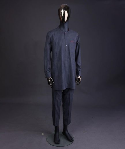 A Light grey and blue stripe Jorgecarli fabric with blue Swarovski button long-sleeve kaftan and Sokoto