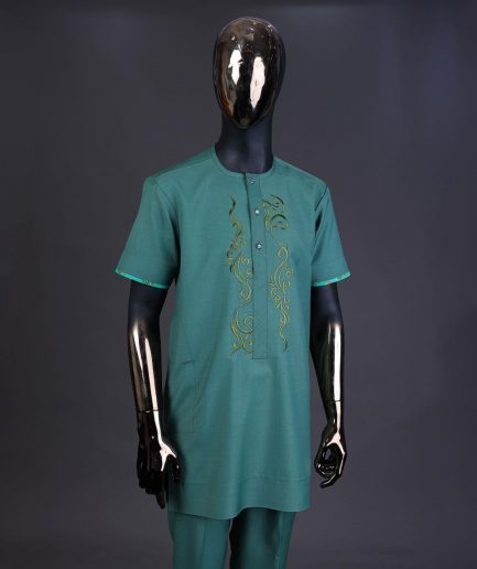 A Sea green, floral embroidery with matching Swarovski button detailing kaftan