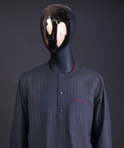 A Light grey and blue stripe Jorgecarli fabric with blue Swarovski button long-sleeve kaftan and Sokoto