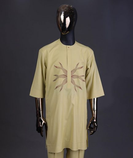 A Blonde-yellow, mermaid tail embroidery detailing kaftan and Sokoto