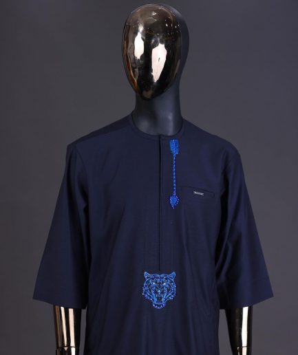 A Navy blue arrow and tiger head embroidery detail with matching Swarovski stone kaftan and Sokoto