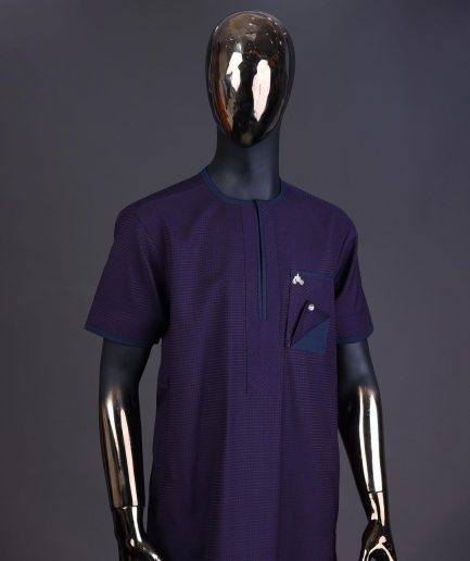 A Check egg pant purple and navy blue mix, with inverted pocket and Swarovski button details kaftan and Sokoto