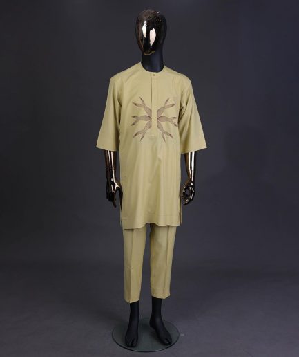 A Blonde-yellow, mermaid tail embroidery detailing kaftan and Sokoto
