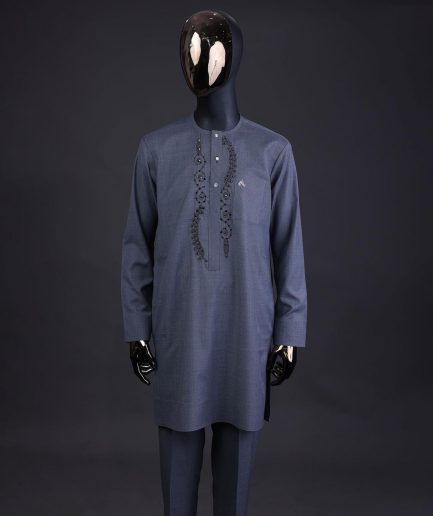 A Light grey, patterned floral embroidery details with black Swarovski stone details, silver button, long sleeve kaftan and Sokoto