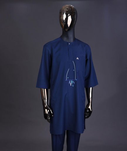 A Navy blue, front flap connected floral on arrow embroidery with crystal clear Swarovski button detailing kaftan